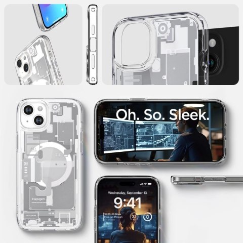 Etui Spigen Ultra Hybrid Mag z MagSafe na iPhone 15 Plus - białe (wzór Zero One)