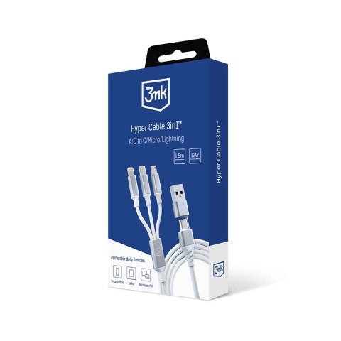 Kabel 3mk Hyper Cable 3w1 USB-A - USB-C / USB-C - micro USB - Lightning 1.5m - biały