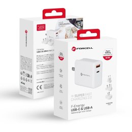 Ładowarka sieciowa do telefonu Forcell F-Energy 3w1 USB C + USB A QC4.0 PD 3A 45W z trzema wymiennymi wtyczkami (EU / UK / US) T