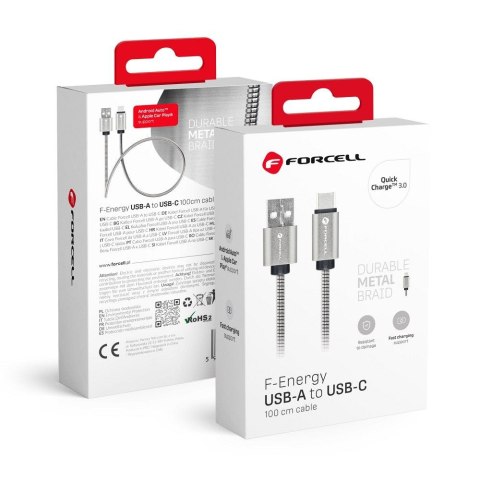 Kabel USB A do USB C Forcell F-Energy QC3.0 2,4A 12W Metal 1 m C234 srebrny