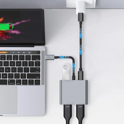 Adapter Tech-Protect HB08 4w1 USB-C + USB2.0 + 2 x HDMI 4K 60HZ - szary Adapter Tech-Protect HB08 4w1 USB-C + USB2.0 + 2 x HDMI 4K 60HZ - szary