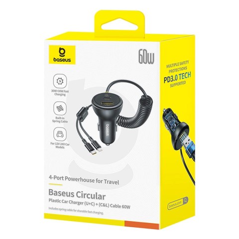 Ładowarka samochodowa Baseus Circular 60W USB-A + USB-C z wbudowanym kablem Lightning + USB-C 1,4 m - czarna