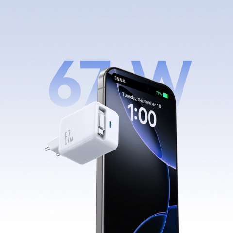 Ładowarka sieciowa Joyroom JR-TCL06 67W GaN z wbudowanym zwijanym kablem USB-C - biała
