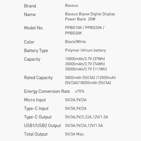 Baseus Bipow powerbank z szybkim ładowaniem 10000mAh 20W czarny (Overseas Edition) + kabel USB-A - Micro USB 0.25m czarny (PPBD0