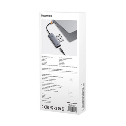 Hub USB-A 4w1 Baseus UltraJoy 3 x USB-A 3.0 + RJ45 - szary