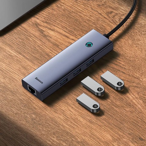 Hub USB-A 4w1 Baseus UltraJoy 3 x USB-A 3.0 + RJ45 - szary
