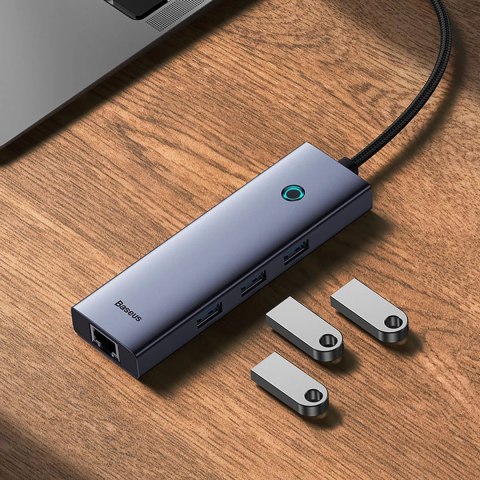Hub USB-C 4w1 Baseus UltraJoy 3 x USB-A 3.0 + RJ45 - szary