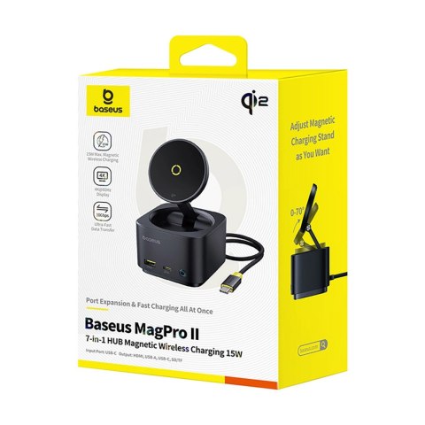 Hub USB-C 7w1 Baseus MagPro Series II z ładowarką kompatybilną z MagSafe 15W + HDMI + USB-A + USB-C + SD/TF - czarny