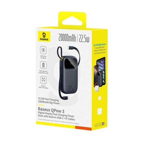 Powerbank Baseus EnerFill FC31 20000mAh 22.5W z wyświetlaczem cyfrowym i 2 wbudowanymi kablami (USB-C + Lightning) - czarny