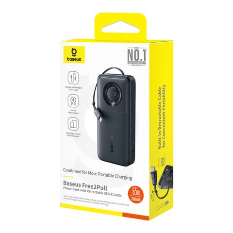 Powerbank Baseus Free2Pull 20000mAh 65W z rozwijanym kablem USB-C - czarny