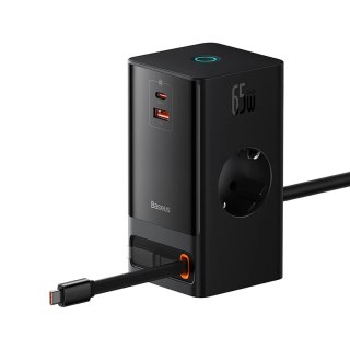 Stacja łądująca Baseus PowerCombo 65W 1.5m 2 x EU + USB-A + USB-C + zwijany kabel USB-C - czarna
