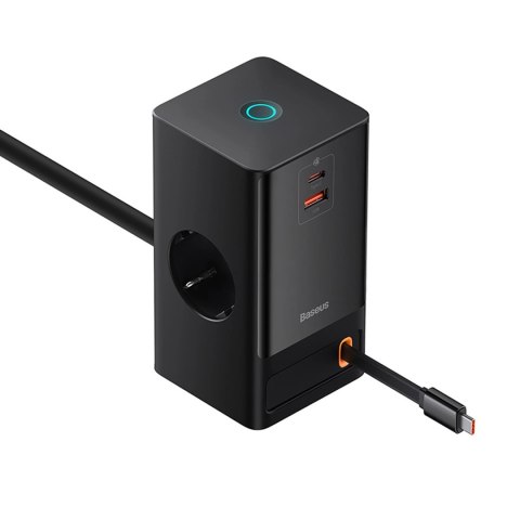 Stacja łądująca Baseus PowerCombo 65W 1.5m 2 x EU + USB-A + USB-C + zwijany kabel USB-C - czarna