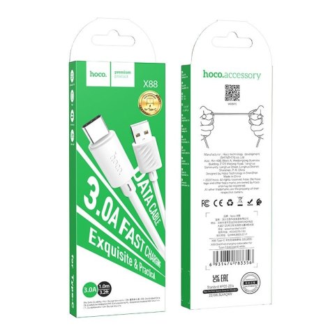 Kabel USB A do USB C Hoco 3A 1 m X88 biały Kabel USB A do USB C Hoco 3A 1 m X88 biały