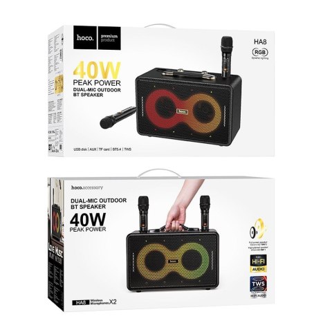 HOCO zestaw karaoke bezprzewodowy głośnik + 2 x bezprzewodowy mikrofon LED 40W HA8 czarny HOCO zestaw karaoke bezprzewodowy głośnik + 2 x bezprzewodowy mikrofon LED 40W HA8 czarny