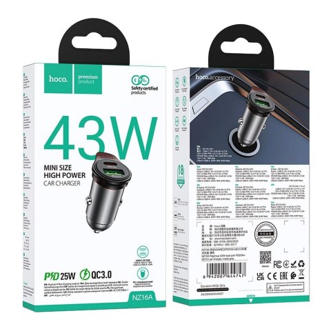 HOCO ładowarka samochodowa USB A + Typ C + kabel Typ C do Typ C PD QC3.0 43W NZ16A szara HOCO ładowarka samochodowa USB A + Typ C + kabel Typ C do Typ C PD QC3.0 43W NZ16A szara