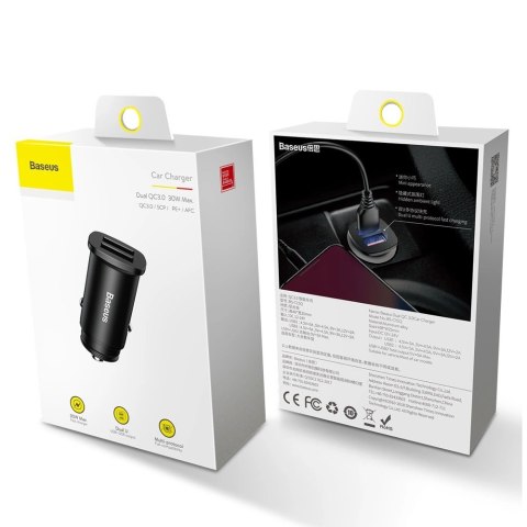 Baseus Square inteligentna ładowarka samochodowa 2x USB QC3.0 Quick Charge 3.0 SCP AFC 30W czarny (CCALL-DS01) Baseus Square inteligentna ładowarka samochodowa 2x USB QC3.0 Quick Charge 3.0 SCP AFC 30W czarny (CCALL-DS01)