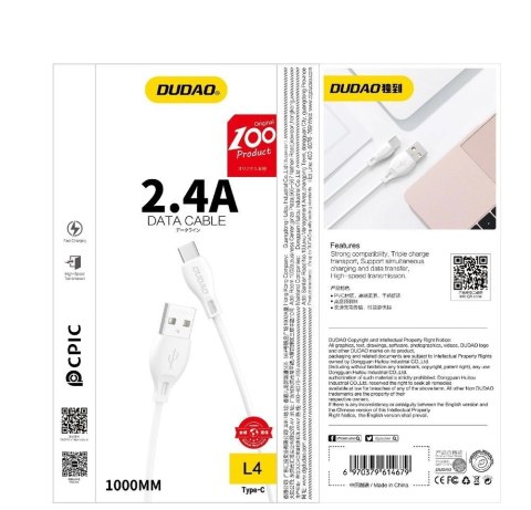 Dudao przewód kabel USB / Lightning 2.4A 1m biały (L4L 1m white) Dudao przewód kabel USB / Lightning 2.4A 1m biały (L4L 1m white)