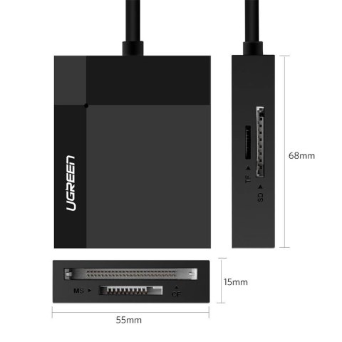 Czytnik kart pamięci Ugreen CR125 30231 SD / micro SD / CF / MS z kablem USB 3.0 1m - czarny Czytnik kart pamięci Ugreen CR125 30231 SD / micro SD / CF / MS z kablem USB 3.0 1m - czarny