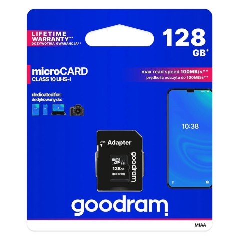 Goodram Microcard 128 GB karta pamięci micro SD XC UHS-I class 10, adapter SD (M1AA-01280R12) Goodram Microcard 128 GB karta pamięci micro SD XC UHS-I class 10, adapter SD (M1AA-01280R12)