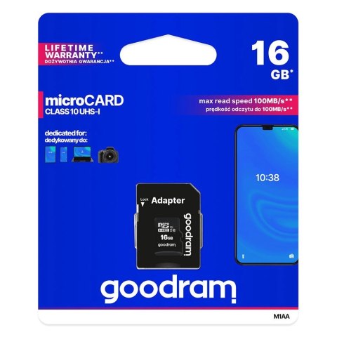 Goodram Microcard 16 GB karta pamięci micro SD HC UHS-I class 10, adapter SD (M1AA-0160R12) Goodram Microcard 16 GB karta pamięci micro SD HC UHS-I class 10, adapter SD (M1AA-0160R12)