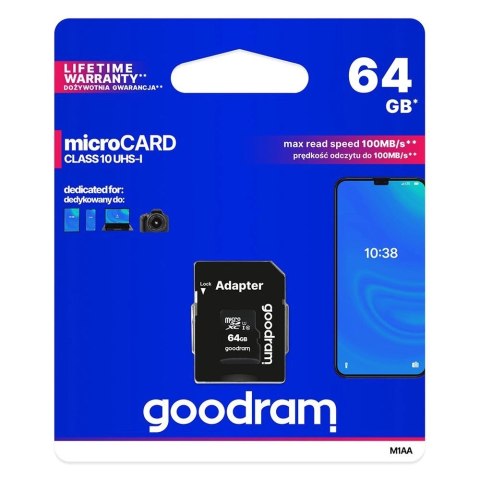 Goodram Microcard 64 GB karta pamięci micro SD XC UHS-I class 10, adapter SD (M1AA-0640R12) Goodram Microcard 64 GB karta pamięci micro SD XC UHS-I class 10, adapter SD (M1AA-0640R12)