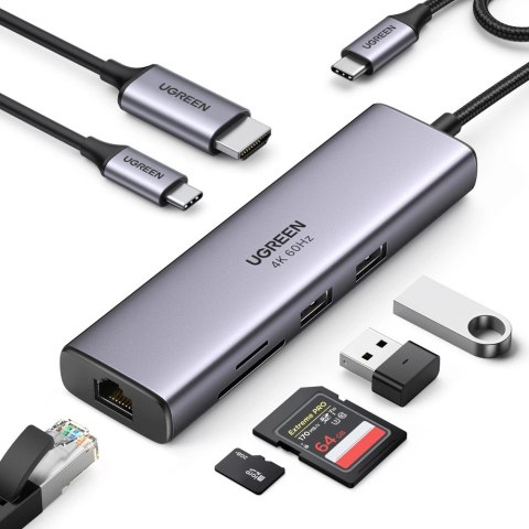 HUB 7w1 Ugreen CM512 USB-C / 2x USB-A 3.2 / HDMI 4K / czytnik SD TF / USB-C PD 100W / RJ45 - szary HUB 7w1 Ugreen CM512 USB-C / 2x USB-A 3.2 / HDMI 4K / czytnik SD TF / USB-C PD 100W / RJ45 - szary