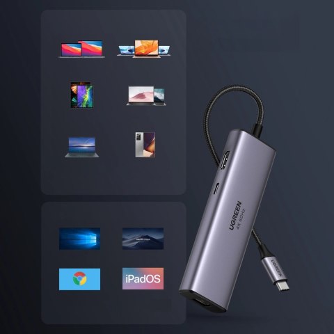 HUB 7w1 Ugreen CM512 USB-C / 2x USB-A 3.2 / HDMI 4K / czytnik SD TF / USB-C PD 100W / RJ45 - szary HUB 7w1 Ugreen CM512 USB-C / 2x USB-A 3.2 / HDMI 4K / czytnik SD TF / USB-C PD 100W / RJ45 - szary