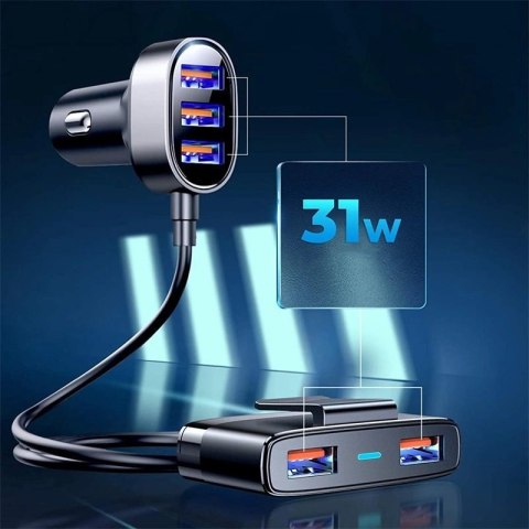 Joyroom szybka ładowarka samochodowa 5x USB 6,2 A z przedłużaczem czarny (JR-CL03) Joyroom szybka ładowarka samochodowa 5x USB 6,2 A z przedłużaczem czarny (JR-CL03)