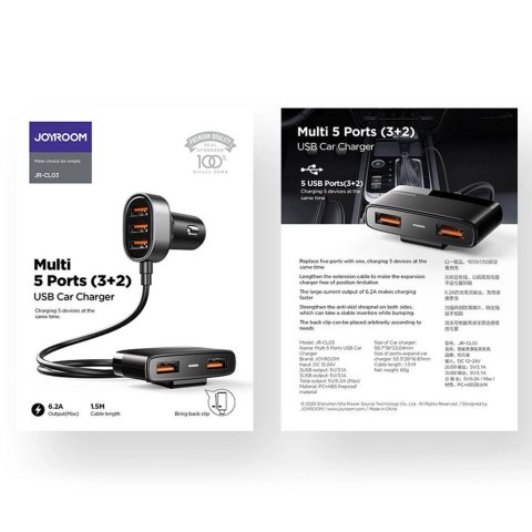 Joyroom szybka ładowarka samochodowa 5x USB 6,2 A z przedłużaczem czarny (JR-CL03) Joyroom szybka ładowarka samochodowa 5x USB 6,2 A z przedłużaczem czarny (JR-CL03)