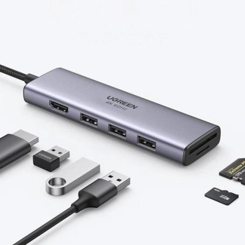 Ugreen 6w1 wielofunkcyjny HUB USB Typ C - 3x USB 3.2 Gen 1 / HDMI 4K 60Hz / czytnik kart SD i TF szary (60383 CM511) Ugreen 6w1 wielofunkcyjny HUB USB Typ C - 3x USB 3.2 Gen 1 / HDMI 4K 60Hz / czytnik kart SD i TF szary (60383 CM511)