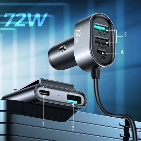 Joyroom ładowarka samochodowa 2xPD + 2xQC3.0 72W 1,5m czarna (JR-CL05) Joyroom ładowarka samochodowa 2xPD + 2xQC3.0 72W 1,5m czarna (JR-CL05)