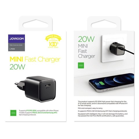 Joyroom szybka ładowarka sieciowa USB Typ C 20W Power Delivery Quick Charge 3.0 AFC czarna (L-P202) Joyroom szybka ładowarka sieciowa USB Typ C 20W Power Delivery Quick Charge 3.0 AFC czarna (L-P202)