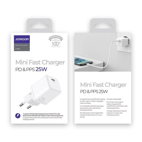 Joyroom szybka ładowarka sieciowa USB Typ C 25W 3A wtyczka EU biały (L-P251) Joyroom szybka ładowarka sieciowa USB Typ C 25W 3A wtyczka EU biały (L-P251)