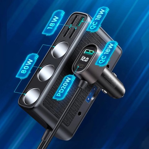 Ładowarka samochodowa 9w1 Joyroom JR-CL06 154W 5x USB-A / USB-C / 3x gniazdo zapalniczki PD QC PPS - czarna Ładowarka samochodowa 9w1 Joyroom JR-CL06 154W 5x USB-A / USB-C / 3x gniazdo zapalniczki PD QC PPS - czarna