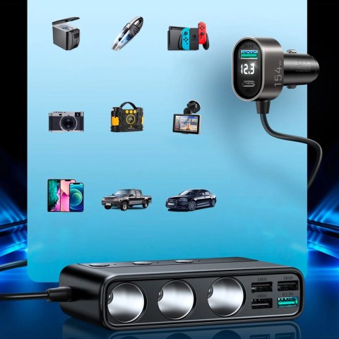Ładowarka samochodowa 9w1 Joyroom JR-CL06 154W 5x USB-A / USB-C / 3x gniazdo zapalniczki PD QC PPS - czarna Ładowarka samochodowa 9w1 Joyroom JR-CL06 154W 5x USB-A / USB-C / 3x gniazdo zapalniczki PD QC PPS - czarna