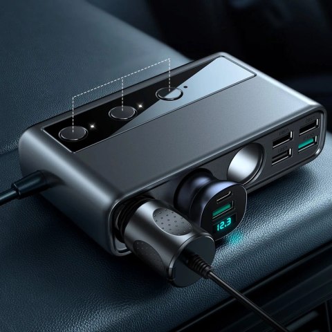 Ładowarka samochodowa 9w1 Joyroom JR-CL06 154W 5x USB-A / USB-C / 3x gniazdo zapalniczki PD QC PPS - czarna Ładowarka samochodowa 9w1 Joyroom JR-CL06 154W 5x USB-A / USB-C / 3x gniazdo zapalniczki PD QC PPS - czarna