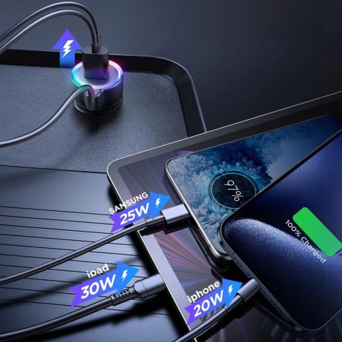 Joyroom szybka ładowarka samochodowa 3 w 1 z kablem USB Typ C 1,6m 60W czarny (JR-CL07) Joyroom szybka ładowarka samochodowa 3 w 1 z kablem USB Typ C 1,6m 60W czarny (JR-CL07)
