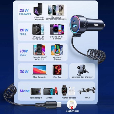 Joyroom szybka ładowarka samochodowa 3 w 1 z kablem USB Typ C 1,6m 60W czarny (JR-CL07) Joyroom szybka ładowarka samochodowa 3 w 1 z kablem USB Typ C 1,6m 60W czarny (JR-CL07)
