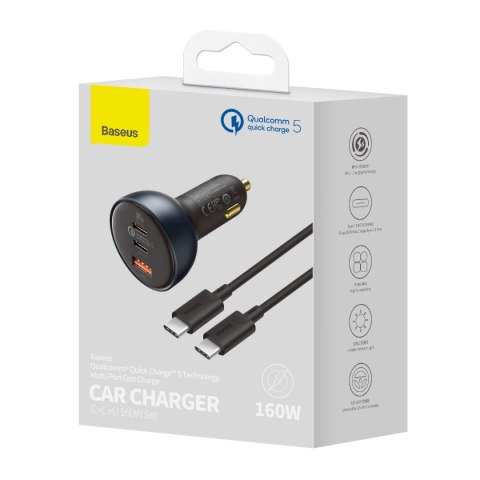 Ładowarka Baseus TZCCZM-0G samochodowa USB-A / USB-C 160W PPS / QC 5 / PD - szara Ładowarka Baseus TZCCZM-0G samochodowa USB-A / USB-C 160W PPS / QC 5 / PD - szara