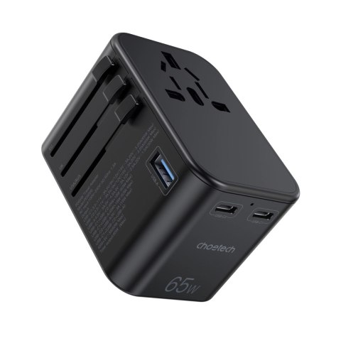 Adapter podróżny Choetech PD5009-BK GaN EU / US / UK / AU 2x USB-C USB-A 65W PD - czarny Adapter podróżny Choetech PD5009-BK GaN EU / US / UK / AU 2x USB-C USB-A 65W PD - czarny