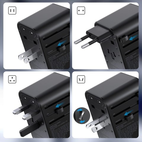 Adapter podróżny Choetech PD5009-BK GaN EU / US / UK / AU 2x USB-C USB-A 65W PD - czarny Adapter podróżny Choetech PD5009-BK GaN EU / US / UK / AU 2x USB-C USB-A 65W PD - czarny