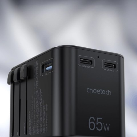 Adapter podróżny Choetech PD5009-BK GaN EU / US / UK / AU 2x USB-C USB-A 65W PD - czarny Adapter podróżny Choetech PD5009-BK GaN EU / US / UK / AU 2x USB-C USB-A 65W PD - czarny