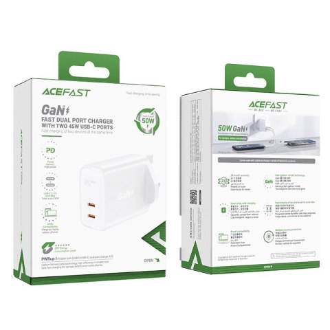 Acefast ładowarka sieciowa GaN (wtyczka UK) 2x USB Typ C 50W, Power Delivery, PPS, Q3 3.0, AFC, FCP (A32 UK) Acefast ładowarka sieciowa GaN (wtyczka UK) 2x USB Typ C 50W, Power Delivery, PPS, Q3 3.0, AFC, FCP (A32 UK)