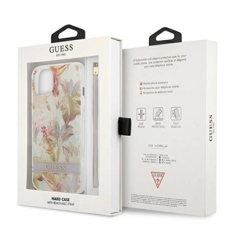 Etui Guess Flower Strap na iPhone 13 mini - fioletowe Etui Guess Flower Strap na iPhone 13 mini - fioletowe
