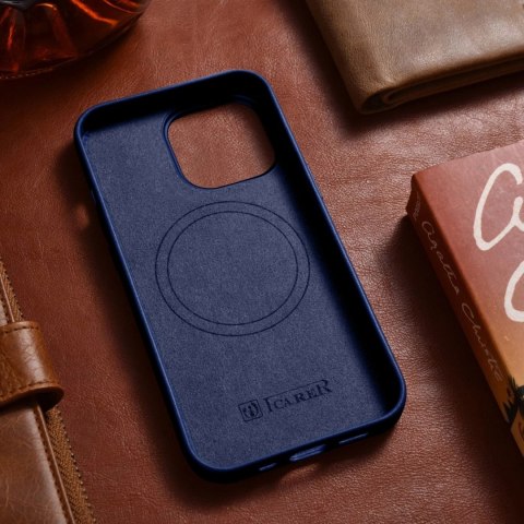 ICarer Case Leather pokrowiec etui z naturalnej skóry do iPhone 14 Pro Max niebieski (WMI14220708-BU) (kompatybilne z MagSafe) ICarer Case Leather pokrowiec etui z naturalnej skóry do iPhone 14 Pro Max niebieski (WMI14220708-BU) (kompatybilne z MagSafe)