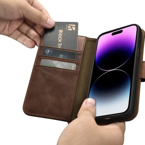 ICarer Oil Wax Wallet Case 2in1 etui iPhone 14 Pro skórzany pokrowiec z klapką Anti-RFID brązowy (WMI14220722-BN) ICarer Oil Wax Wallet Case 2in1 etui iPhone 14 Pro skórzany pokrowiec z klapką Anti-RFID brązowy (WMI14220722-BN)