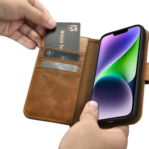 ICarer Oil Wax Wallet Case 2in1 etui iPhone 14 skórzany pokrowiec z klapką Anti-RFID brązowy (WMI14220721-TN) ICarer Oil Wax Wallet Case 2in1 etui iPhone 14 skórzany pokrowiec z klapką Anti-RFID brązowy (WMI14220721-TN)