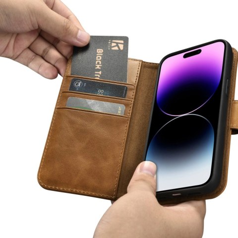 ICarer Oil Wax Wallet Case 2in1 etui iPhone 14 Pro Max skórzany pokrowiec z klapką Anti-RFID brązowy (WMI14220724-TN) ICarer Oil Wax Wallet Case 2in1 etui iPhone 14 Pro Max skórzany pokrowiec z klapką Anti-RFID brązowy (WMI14220724-TN)