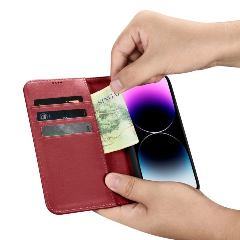 ICarer Wallet Case 2in1 etui iPhone 14 Pro Max skórzany pokrowiec z klapką Anti-RFID czerwony (WMI14220728-RD) ICarer Wallet Case 2in1 etui iPhone 14 Pro Max skórzany pokrowiec z klapką Anti-RFID czerwony (WMI14220728-RD)