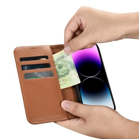 ICarer Wallet Case 2in1 etui iPhone 14 Pro skórzany pokrowiec z klapką Anti-RFID brązowy (WMI14220726-BN) ICarer Wallet Case 2in1 etui iPhone 14 Pro skórzany pokrowiec z klapką Anti-RFID brązowy (WMI14220726-BN)